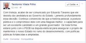 Teo Vilela anuncio facebook sobre Eduardo Tavares