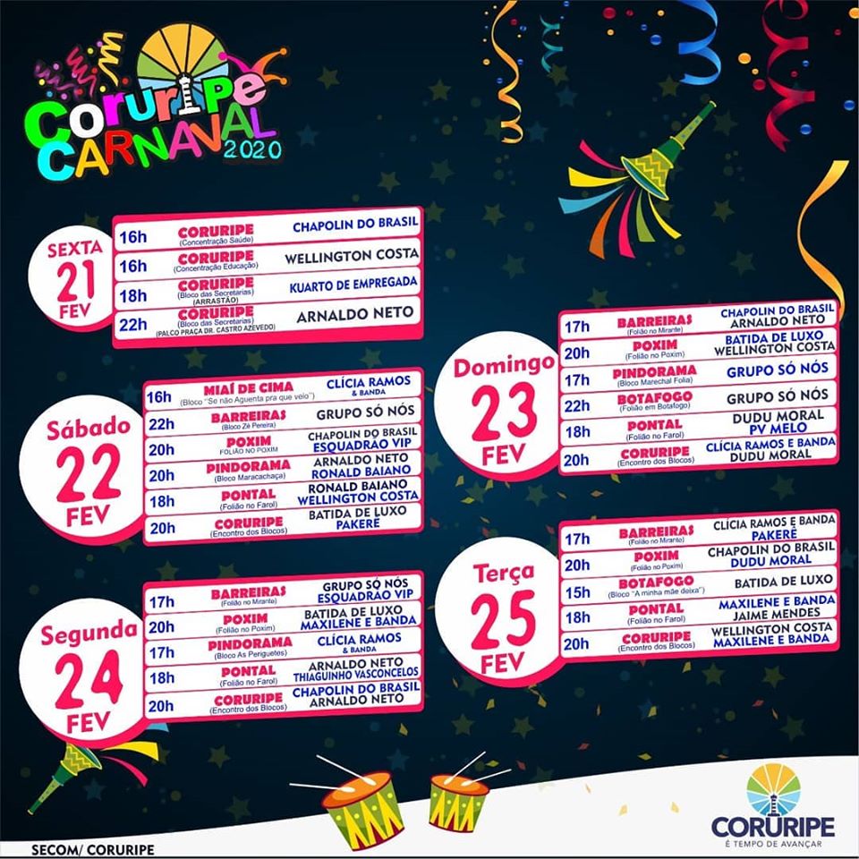 Confira programação do Carnaval de Coruripe 2020